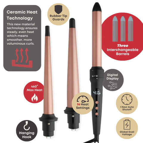 Hot & Hotter 3 in 1 Interchangeable Digital Curling Wand Set